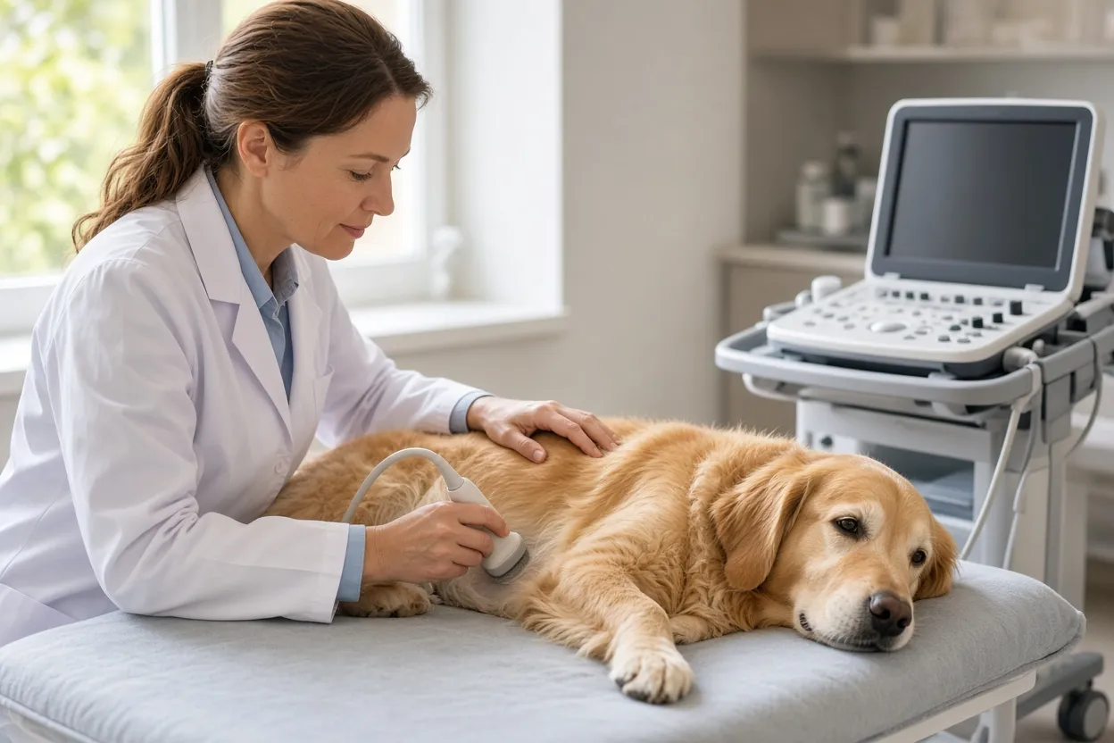 A veterinarian performing an abdominal ultrasound on a calm golden retriever in a bright clinic