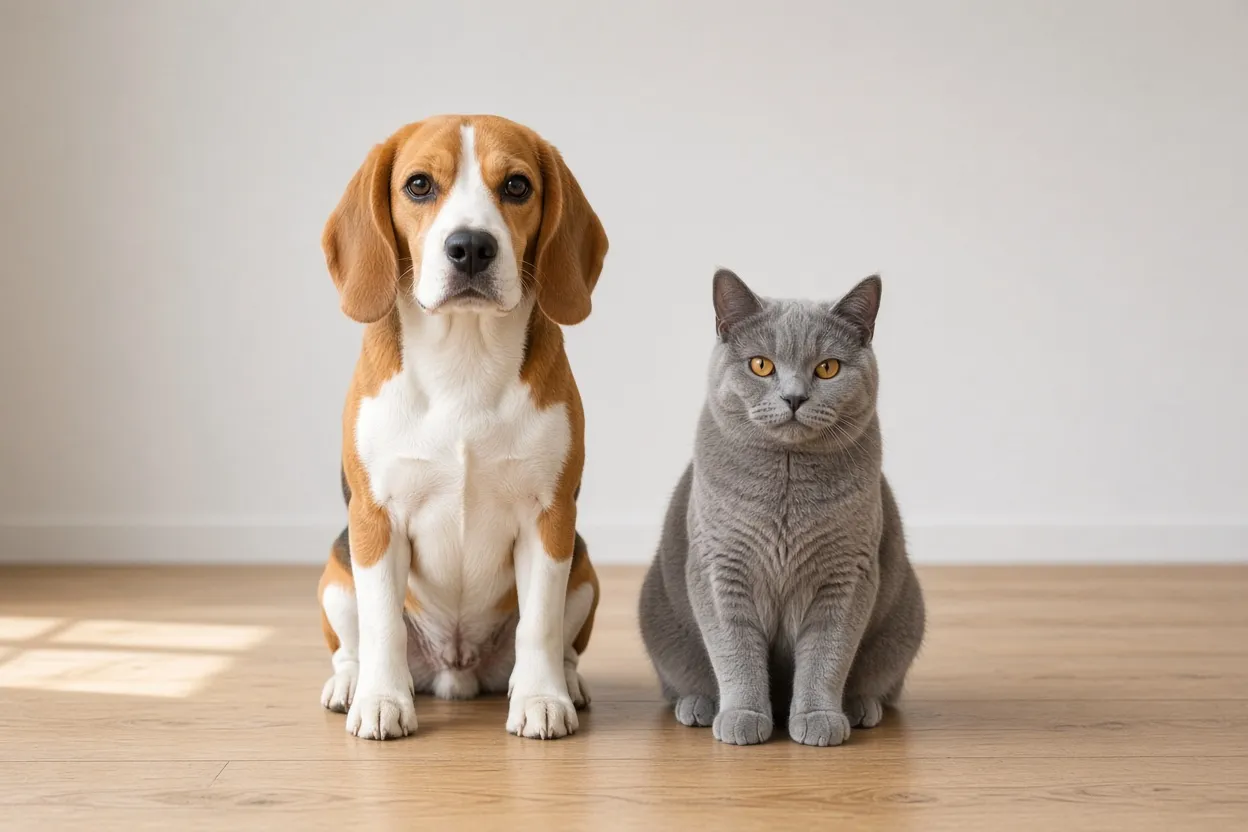 A beagle and a grey cat sitting side by side on a wooden floor
