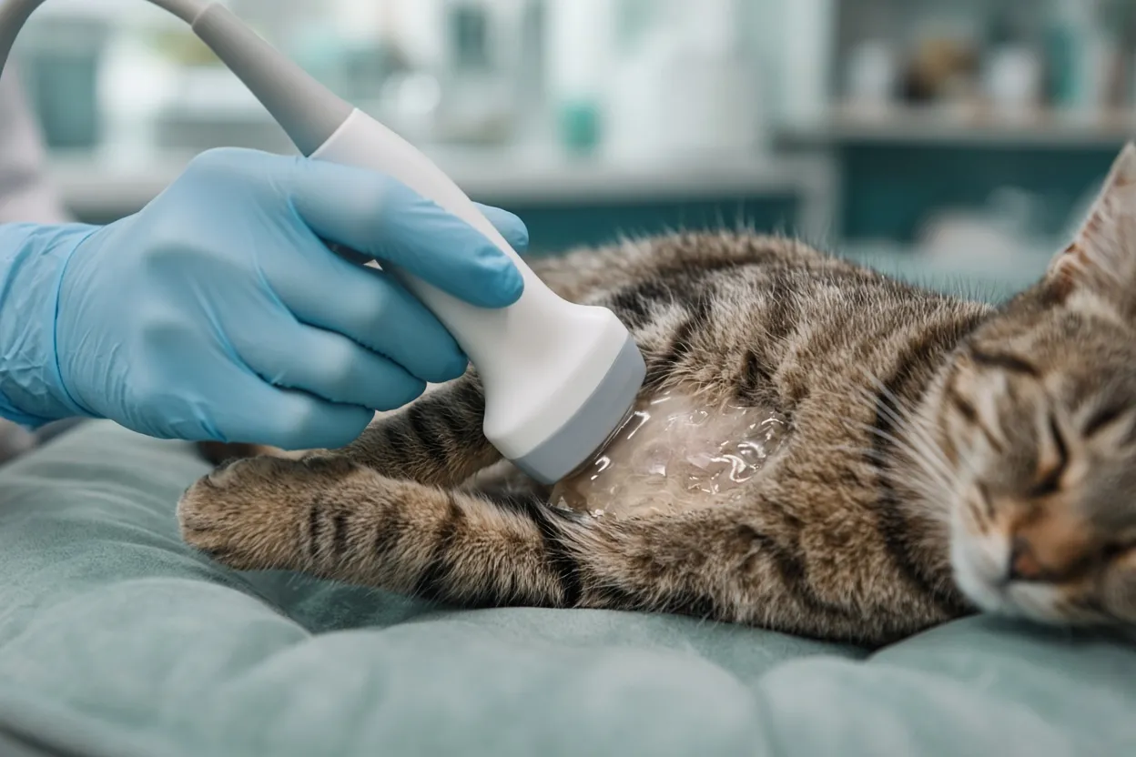 An ultrasound probe resting on the belly of a relaxed tabby cat